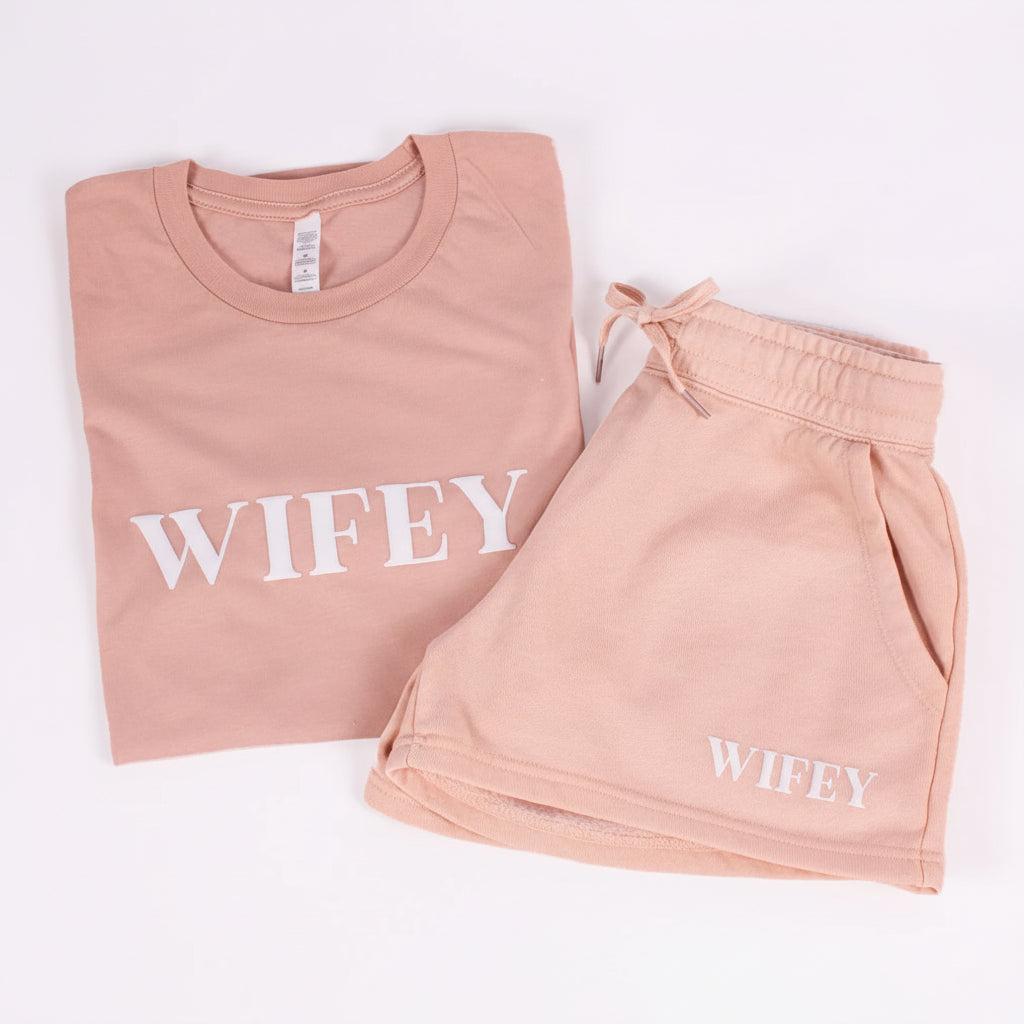 Wifey T-shirt & Shorts with Embossed Print, Wifey Top, Honeymoon Wifey Outfit, Wifey Sweatshorts, Wifey T-shirt, Engagement Gift