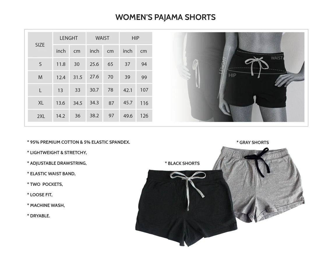 Women’s boxer shorts size chart and color options for matching couples pajamas