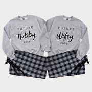 Future Hubby and Future Wifey matching sweatshirts with personalized year prints and matching plaid flannel pajama pants for couples.