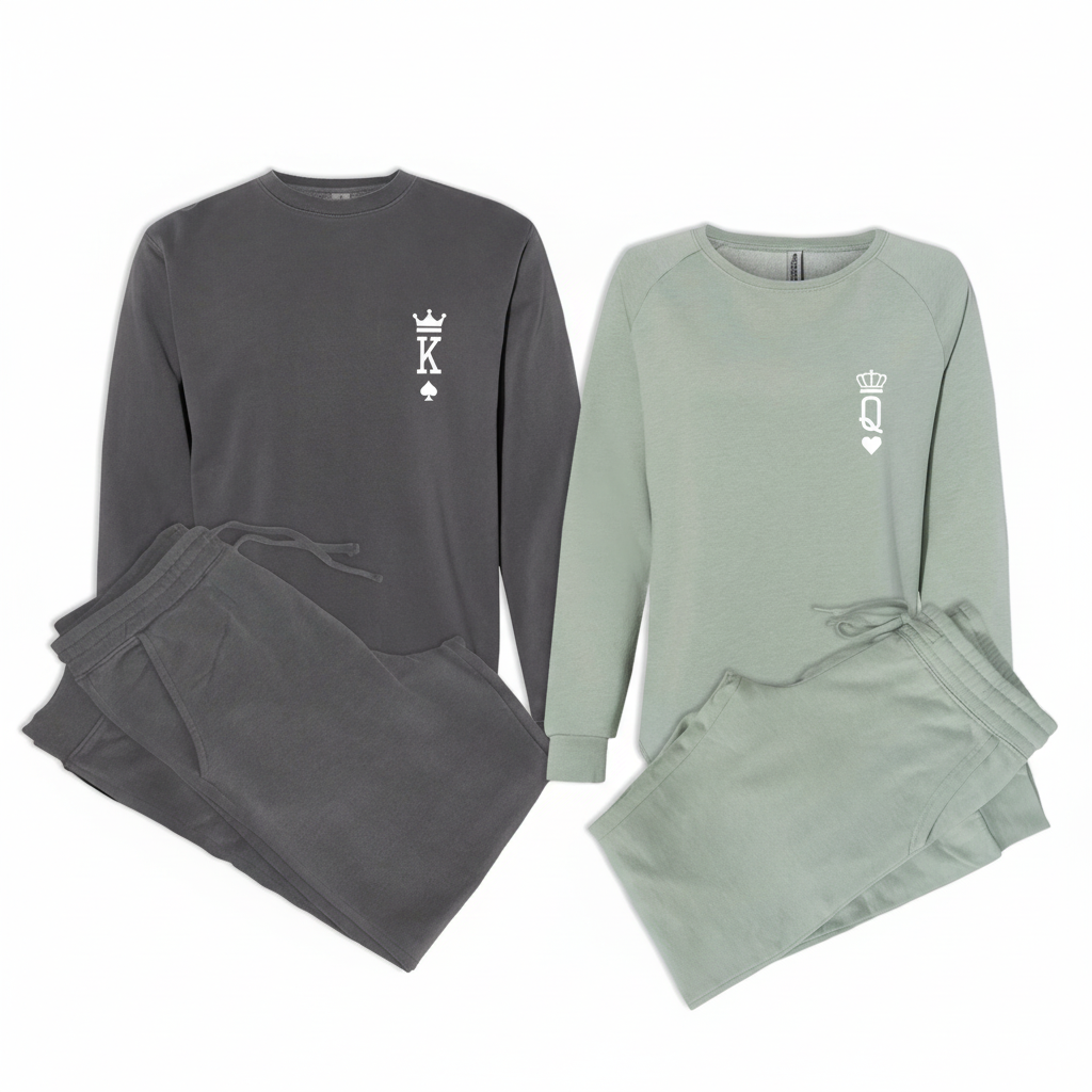King and Queen matching couple sweatshirt and sweatpants set, pigment black men’s King K logo and sage women’s Queen Q logo, lay flat on white background