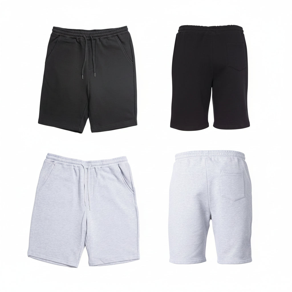 Men’s personalized casual shorts showing front and back views in black and light gray color options