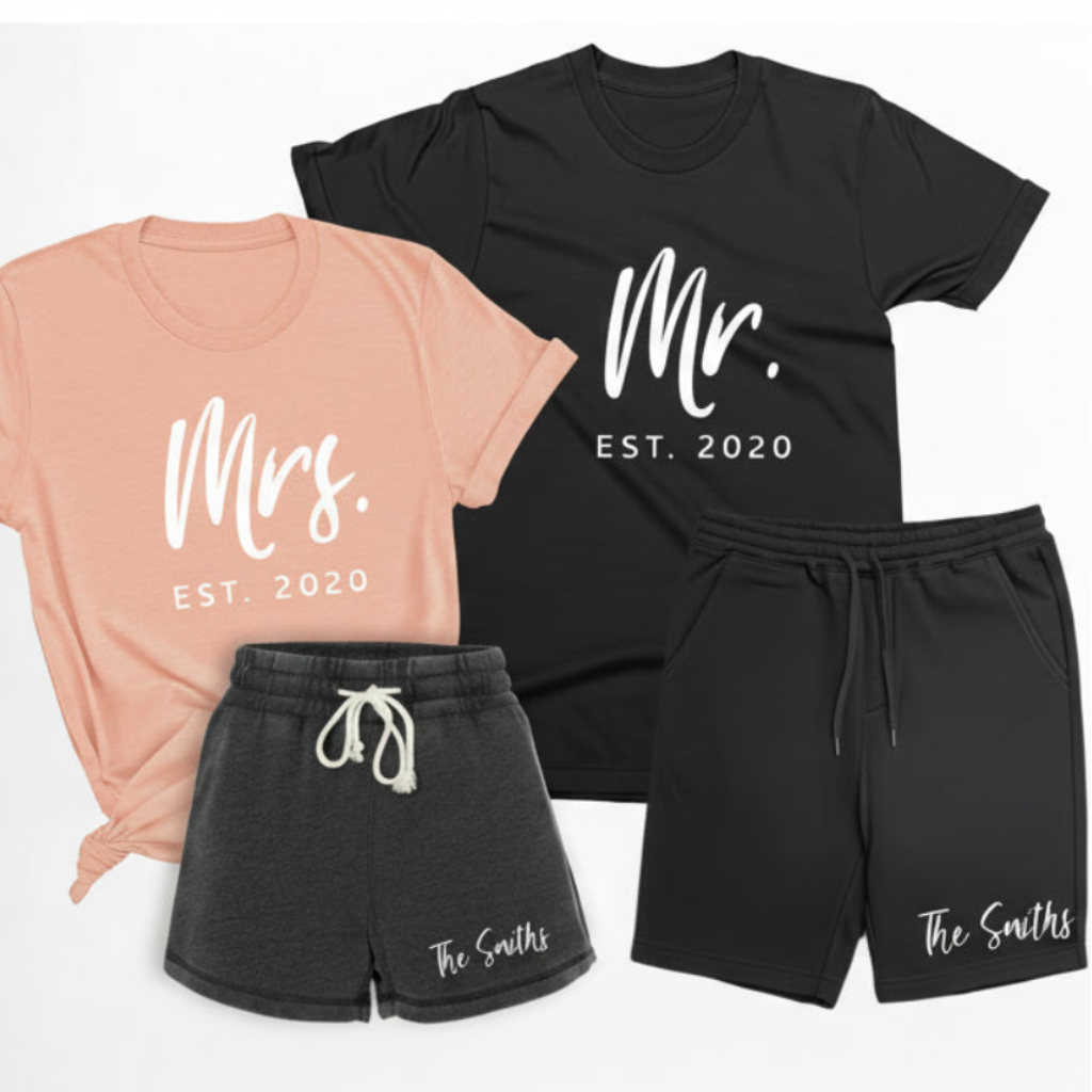 Personalized Mr and Mrs matching casual set with peach women’s t shirt and black men’s shorts, custom family name detail