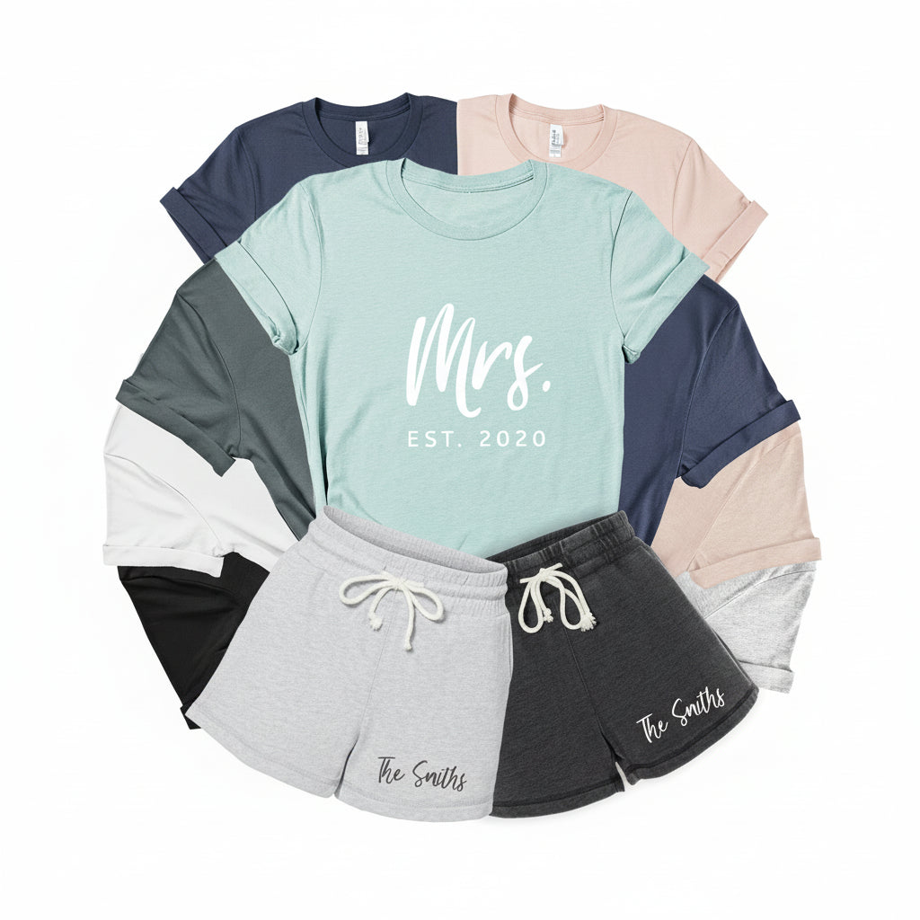 Personalized women’s Mr and Mrs casual set shown in multiple color variations with custom family name shorts