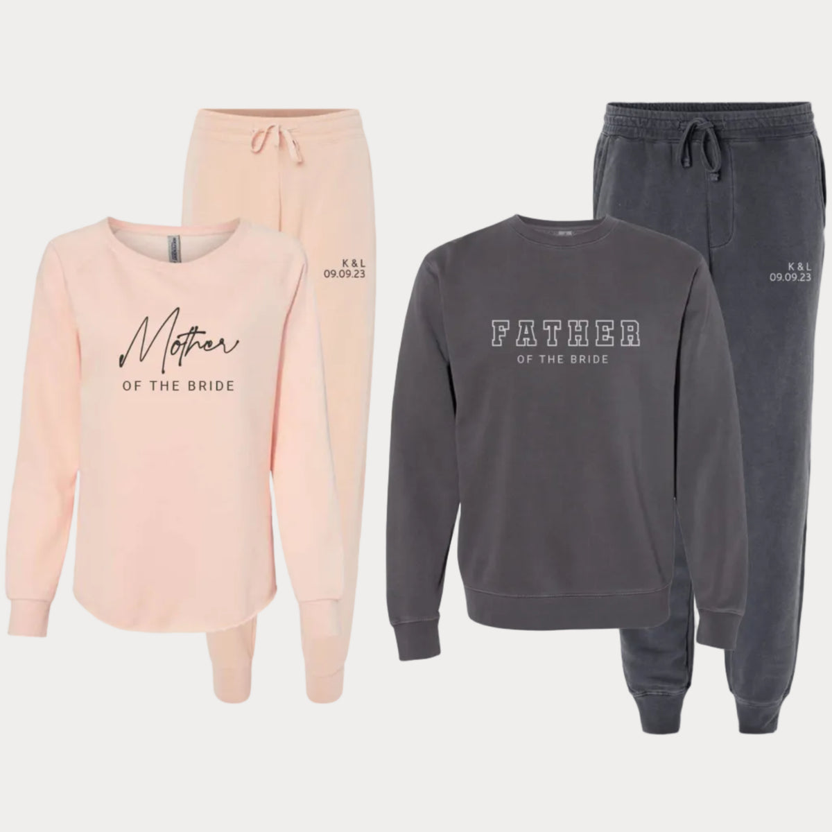 Personalized Mother of the Bride and Father of the Bride matching sweatshirts and jogger pants with custom wedding date and initials, a matching wedding gift for the bride's parents.