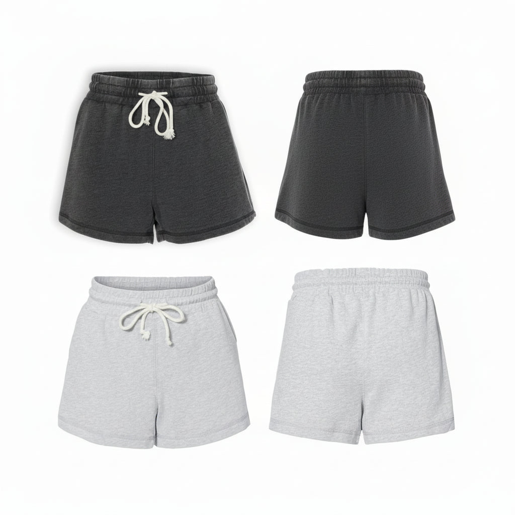 Women’s personalized casual shorts showing front and back views in oxford light gray and charcoal dark gray colors